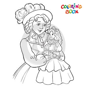 Beautiful girl holding a doll on hands. outlined picture for coloring book on white background