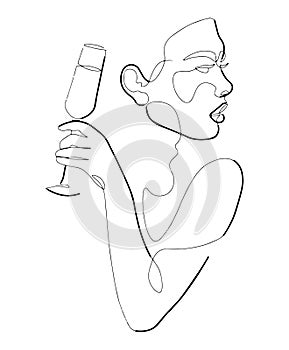 Beautiful girl holding a glass. Vector line illustration. One line art of a woman drinking wine from a glass. minimalist stylish