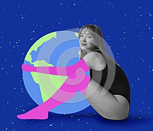 Beautiful girl holding planet Earth. Environment save, taking care of nature and ecology, supporting hands concept