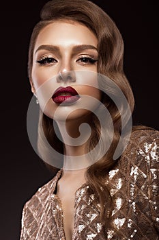 Beautiful girl in Hollywood image with wave and classic makeup. Beauty face.