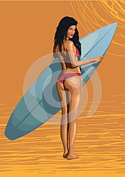 Beautiful girl hot woman surfer surfing with surfboard, sex