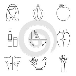 Beautiful girl icons set, outline style