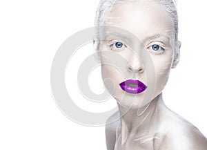 Beautiful girl in the image of albino with purple lips and white eyes. Art beauty face.