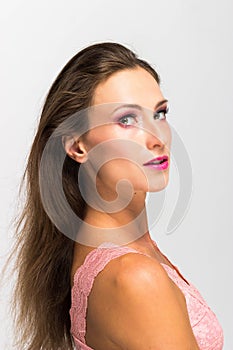 Beautiful Girl. Isolated on a White Background. Perfect Skin. Beauty Face