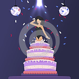 Beautiful Girl Jumped out of Cake Festive Cartoon photo
