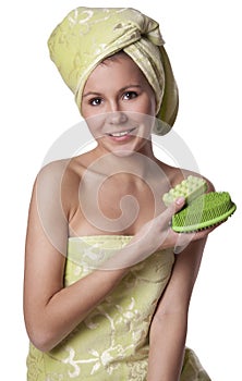 Beautiful girl keeps bath means Hygiene photo