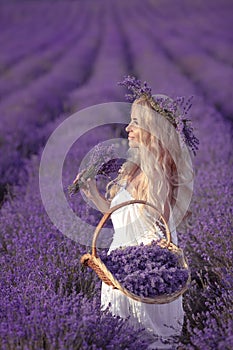 Beautiful girl on lavender field. Attractive pretty blonde woman