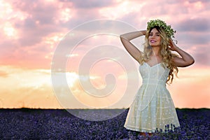 Beautiful Girl in lavender Field at sunset