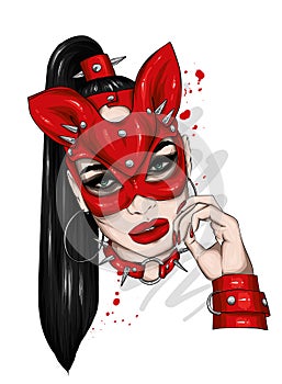 Beautiful girl in leather mask. Sex and BDSM, love. Underwear. Vector illustration for greeting card or poster, print for t-shirt.