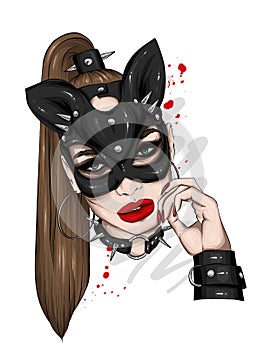 Beautiful girl in leather mask. Sex and BDSM, love. Underwear. Vector illustration for greeting card or poster, print for t-shirt.