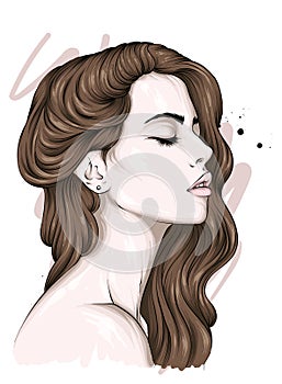 Beautiful girl with long hair. Full lips. Vector illustration for greeting card or poster, print on clothes. Fashion and style