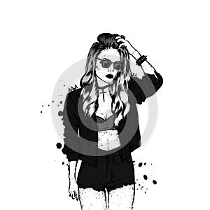 A beautiful girl with long hair in a leather jacket with thorns and in shorts. Vector illustration.