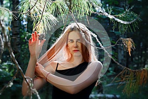 Beautiful girl with long hair poses with a cedar cone in the Siberian taiga