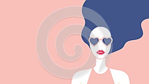 Beautiful girl with long hair and red lipstic wearing heart shaped sunglasses. Stylish young woman fashion poster