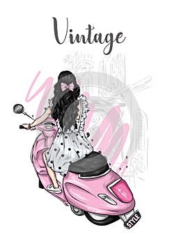 Beautiful girl with long hair in a summer dress sits on a vintage moped. Fashion and style, clothes and accessories.