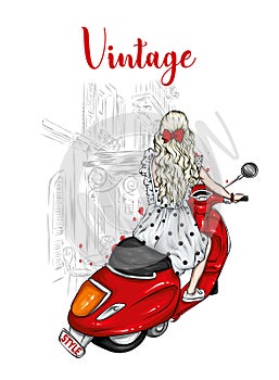 Beautiful girl with long hair in a summer dress sits on a vintage moped. Fashion and style, clothes and accessories.