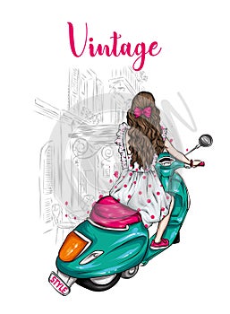 Beautiful girl with long hair in a summer dress sits on a vintage moped. Fashion and style, clothes and accessories.