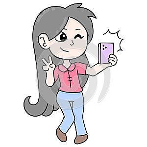 Beautiful girl with long hair is taking selfie with smartphone, doodle icon image kawaii