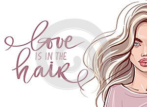 Beautiful girl with long hair and Vector Handwritten lettering quote about balayage.