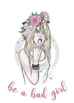 A beautiful girl with long hair, in a white tank top and in a wreath of flowers. Vector illustration. Roses and peonies. Rock.