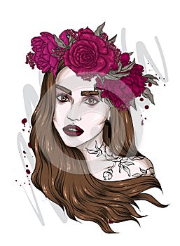 Beautiful girl with long hair in a wreath of roses and peonies. Flowers Big eyes and full lips. Vector illustration.