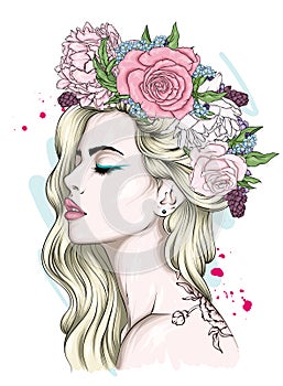 Beautiful girl with long hair in a wreath of roses and peonies. Flowers Big eyes and full lips. Vector illustration.