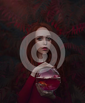 Beautiful girl with long red hair with a goldfish in the aquarium. Portrait of a young red-haired woman in the autumn