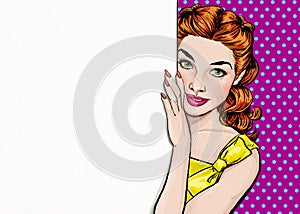 Beautiful girl looking from the empty board in Pop art style.Pop Art girl.Party invitation.Birthday greeting card.Hollywood movie