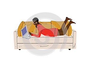 Beautiful Girl Lying On Sofa with Laptop, Young African American Woman Working or Relaxing at Home Using Computer Vector