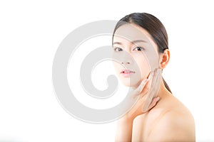 Beautiful girl with makeup, woman and skin care concept / attractive asia girl smilling on face isolated.