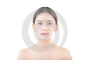 Beautiful girl with makeup, woman and skin care concept / attractive asia girl smilling on face isolated.