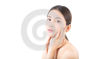 Beautiful girl with makeup, woman and skin care cosmetics concept / attractive asian girl smilling on face isolated