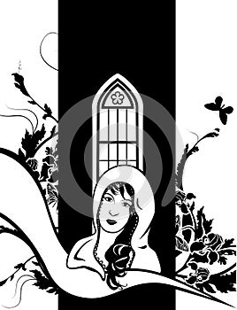 Beautiful girl in medieval style against the window, black and white stencil