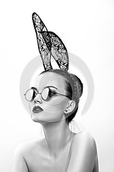 The beautiful girl model in an image of a rabbit
