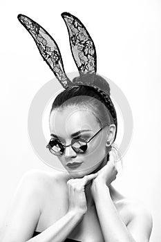 The beautiful girl model in an image of a rabbit