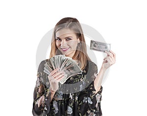 Beautiful girl with money portrait face isolated banknote