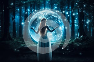 Beautiful girl on a night with a magic ball. Generative Ai