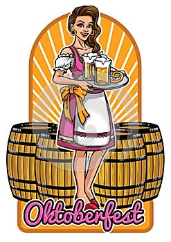 Beautiful girl of oktoberfest presenting beers