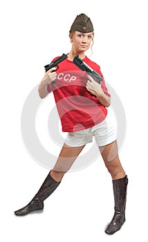 Beautiful girl in overseas cap holding guns