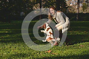 Beautiful girl in the park doing obedience excersize with her dog Cavalier King Charles Spaniel