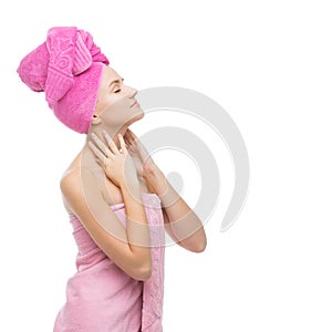 Beautiful girl in pink towel