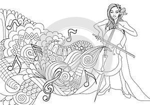 Beautiful girl playing cello with abstract music wave and notes for design element and coloring book page. Vector illustration.