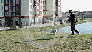 Beautiful girl playing with the dog