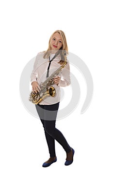 Beautiful girl playing the saxophone