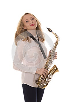 Beautiful girl playing the saxophone