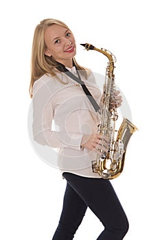 Beautiful girl playing the saxophone