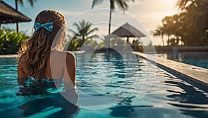 Beautiful girl in the pool luxury resort