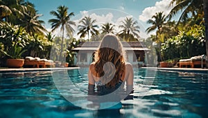 Beautiful girl in the pool luxury resort recreation