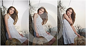 Beautiful girl portrait with hat near a tree in the garden. Young Caucasian sensual woman in a romantic scenery. Girt in white