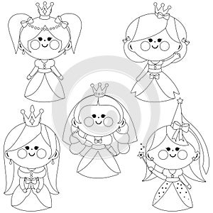 Beautiful girl princesses. Vector black and white coloring page